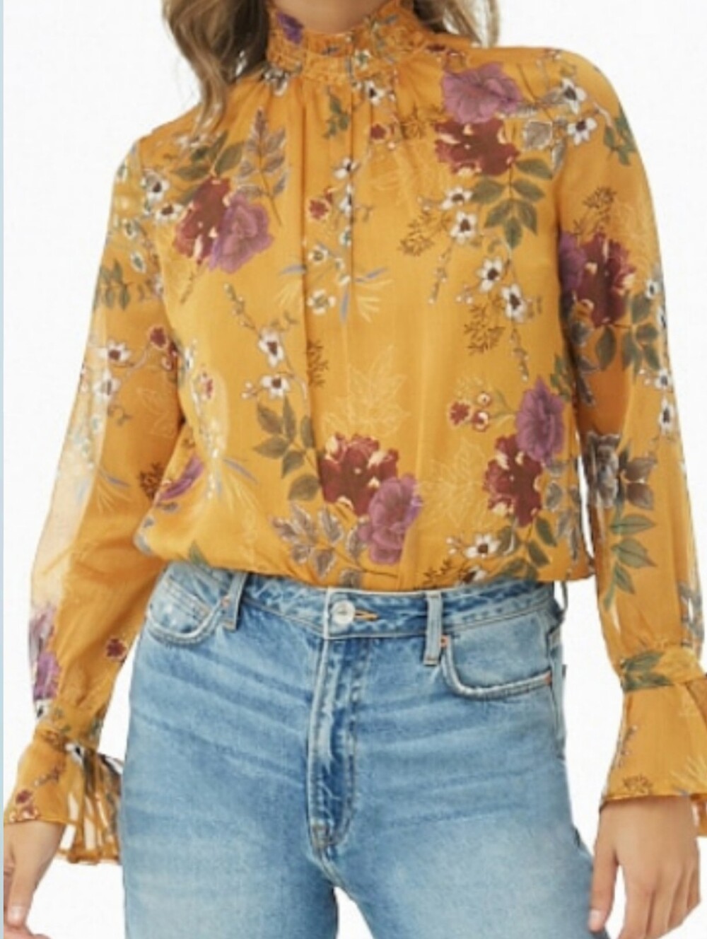 Floral Mustard Blouse Lettuce Neck Flared Sleeve Elegant Classy Summer Flowy